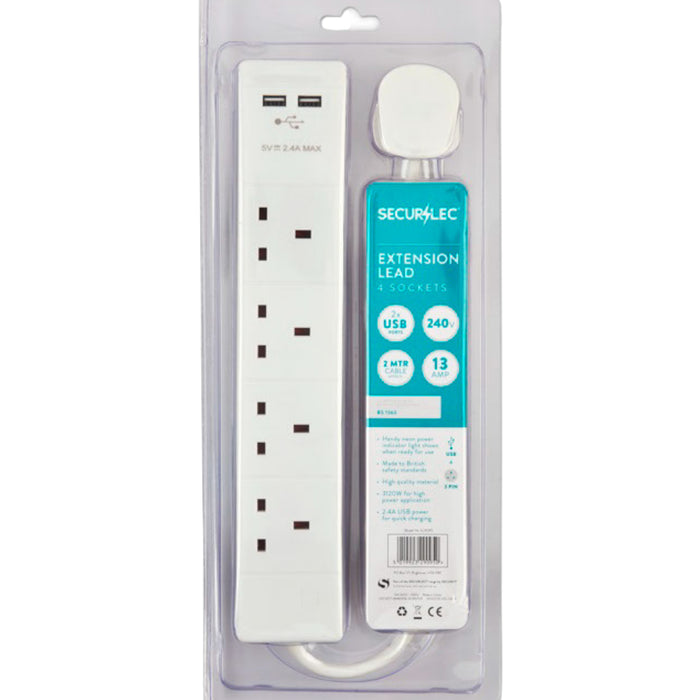 Surge Protected Extension Lead 2M 4 Gang  2 USB Sockets