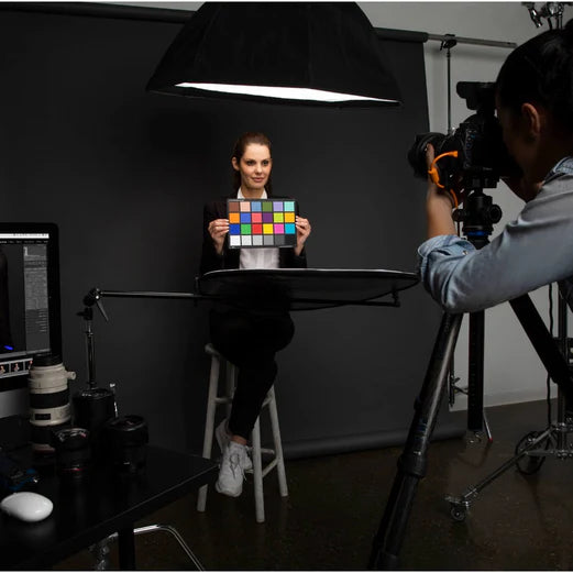 Calibrite Colour Checker Classic Charts (Macbeth) being used to calibrate colour in a photoshoot