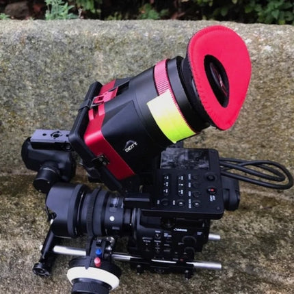 BlueStar Oval Extra Large #6014 viewfinder eyecushion fitted to a Deity viewfinder loupe on a Canon cinema camera