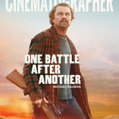Poster of a British Cinematographer with a Leonardo DiCaprio holding a rifle against a sunset road landscape.
