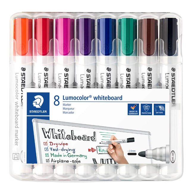 Staedtler Lumocolor 351 Whiteboard Markers Bullet Tip Line Width 2mm (Assorted Colours) Pack 8