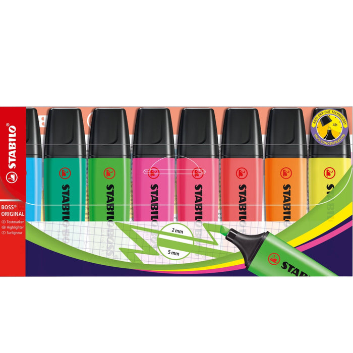 Stabilo Graphics Line Stabilo Boss Highlighters Chisel Tip 2-5mm Line Assorted (Pack of 8 ...