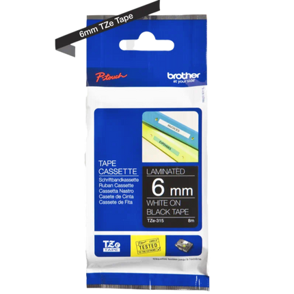 Brother P-Touch 6mm  White On Black - TZe-315