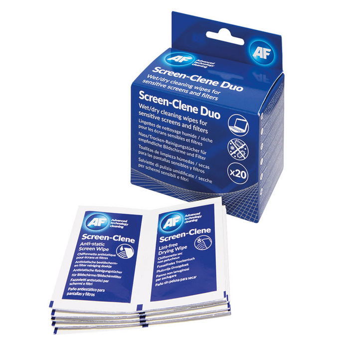 AF Screen-Clene Duo Wet/Dry Anti-Static Cleaning Wipes (20 Duo Sachets)
