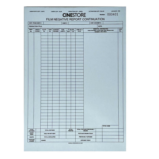 Film Negative (Neg) Report Pad Continuation