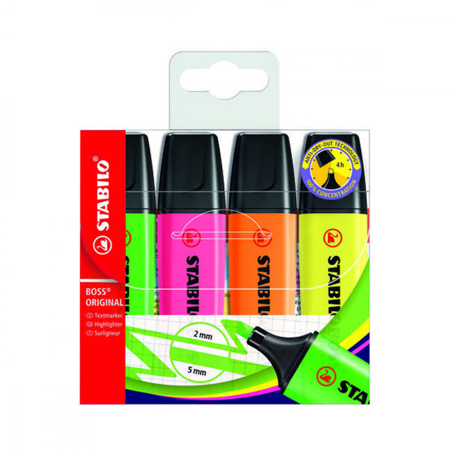 Stabilo Boss Highlighters Chisel Tip 2-5mm Line Assorted (Pack of 4)