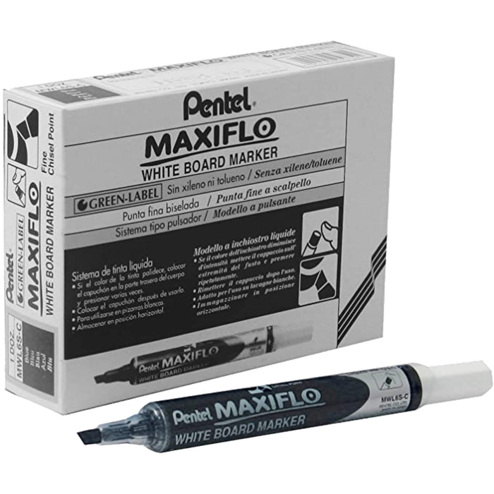 Pentel Maxiflo Dry Wipe Slim Chisel Tip Marker - Black (Pack of 12)